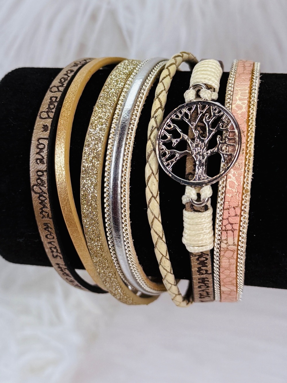 Earthtone multiband, faux leather tree of life, magnetic closure bracelet